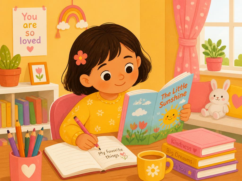 Child reading a picture book and writing in a notebook