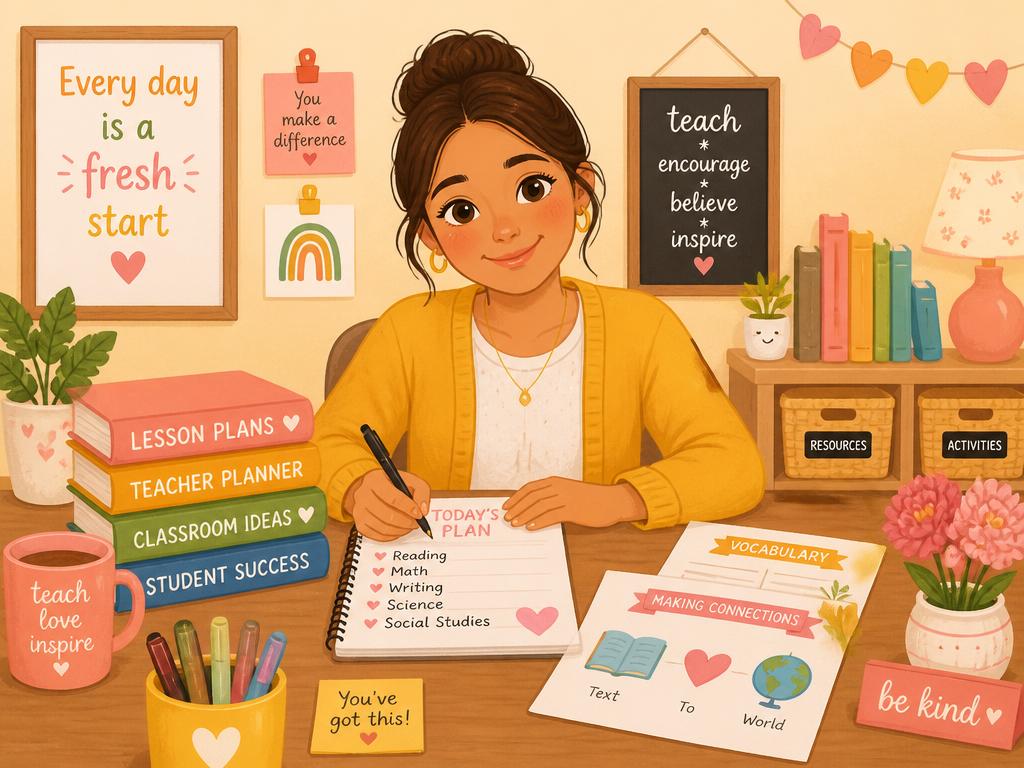 Teacher planning lessons with resource books