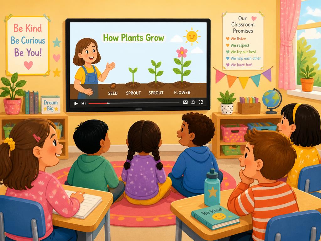 Children watching an educational video in a classroom