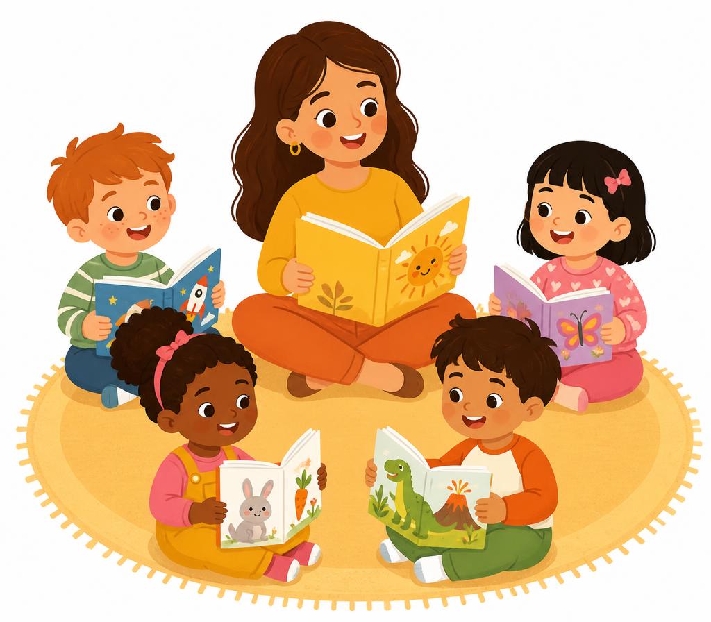 A teacher reading picture books with a circle of young children